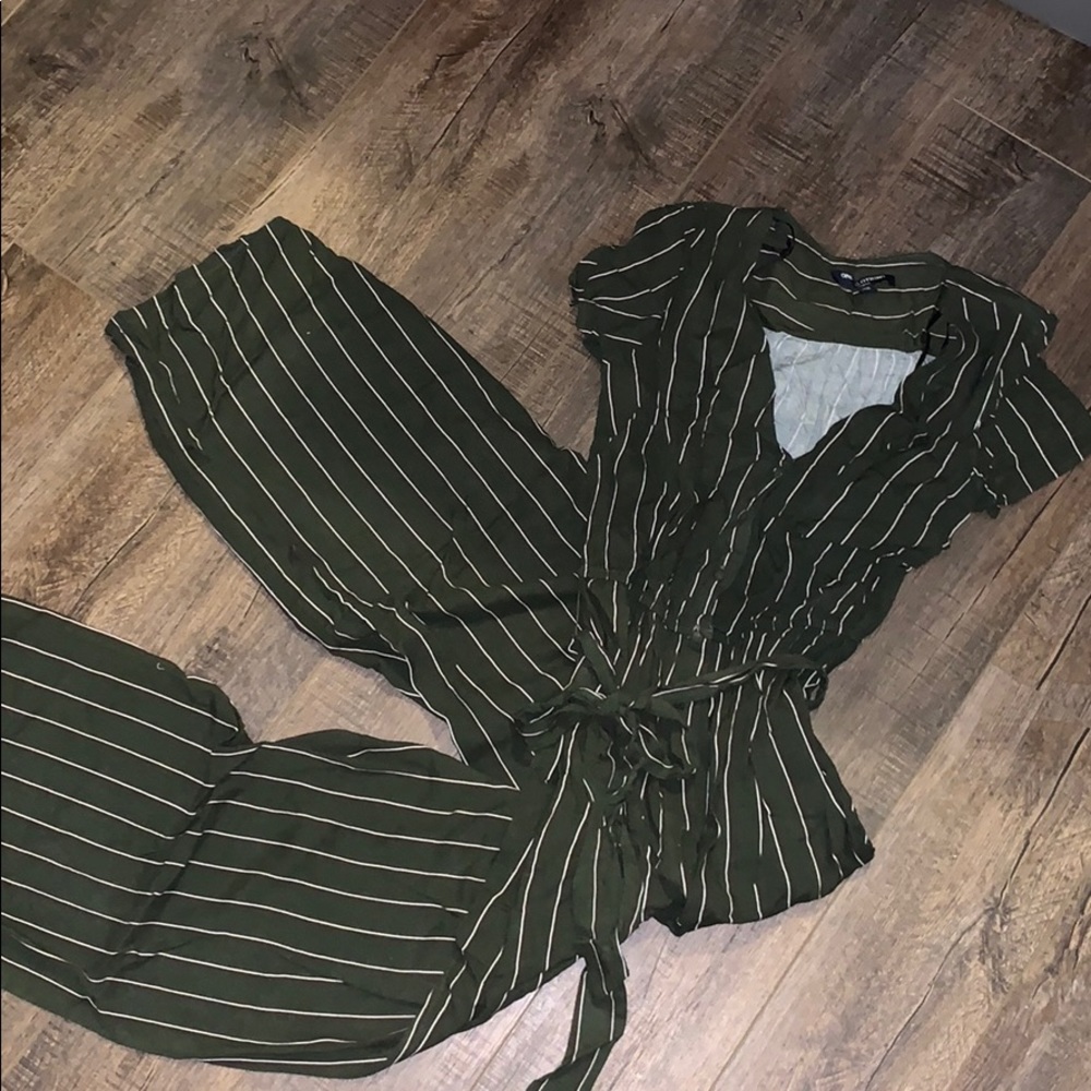Button down, pin striped, jumpsuit